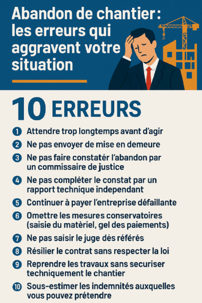 Abandon de chantier : les 10 erreurs qui aggravent votre situation
